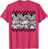 Leopard Bow Bunny Blowing Bubble Checkered Easter Day Girls T-Shirt in Red Heather