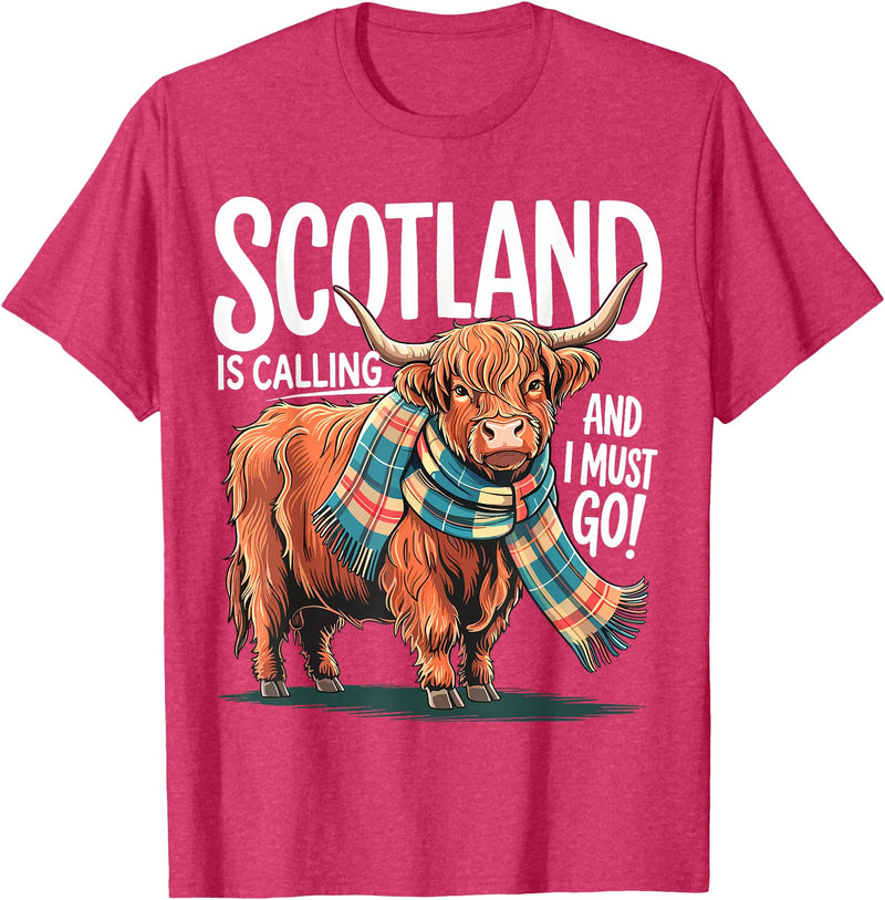 Funny Scottish Highland Cow Scotland is Calling and I Must go Scottish Highland Cow T-Shirt - Red Heather