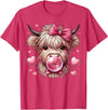 Highland Cow Land of NYC Highland Cow Valentines Blowing Bubble Bubblegum Hearts Bow T-Shirt - Red Heather