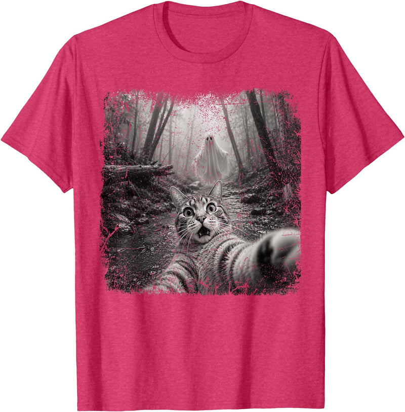 Halloween Ghost Cat Selfie Forest Lat Halloween Ghost Cat Forest Selfie Scared Men Women Kid T-Shirt - Red Heather
