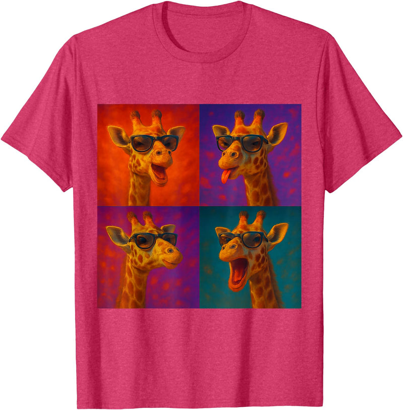 Colorful 4 Photos Animals Giraffe Sunglasses Funny Faces Collage Pop Art T-Shirt - Red Heather
