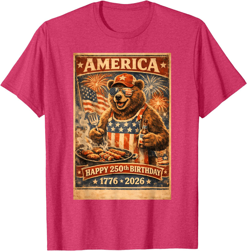 USA Birthday 250th American Spirit Tees All Ages Celebrate 250 Years with Fun Bear BBQ Graphic T-Shirt - Red Heather
