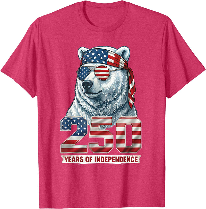 Patriotic Bear Freedom Anniversary Celebration Polar Bear 250 Years of Independence Patriotic America 1776 T-Shirt - Red Heather