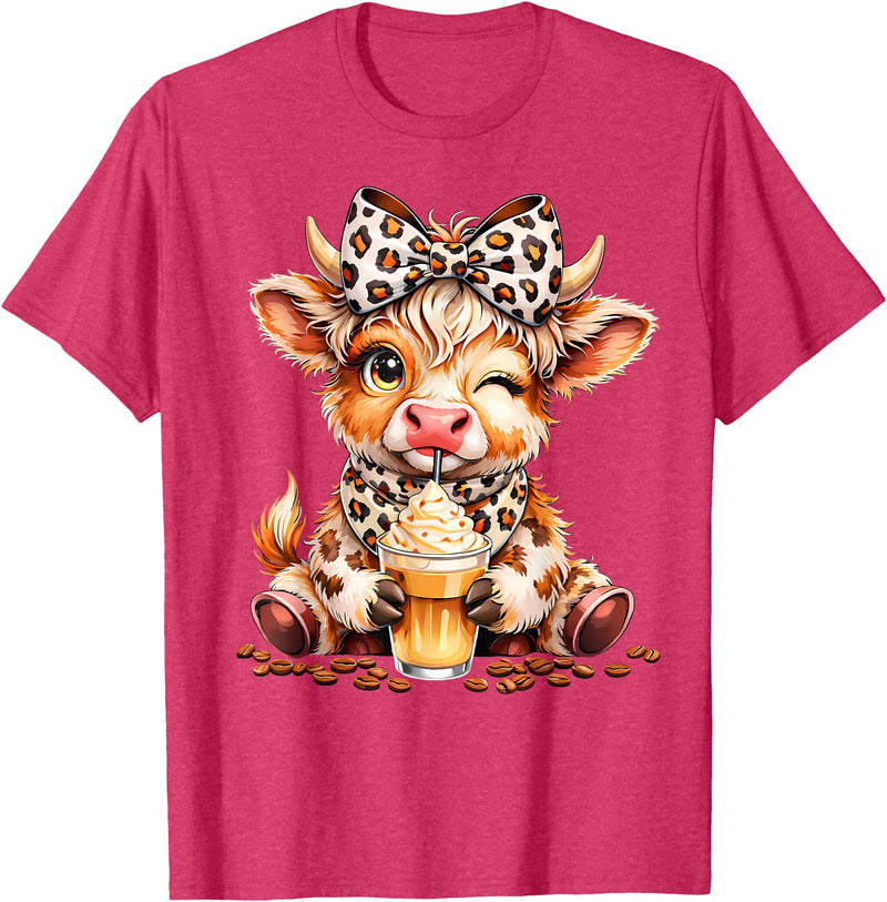 Cute Highland Cow Coffee Addict Leopard Bow Highland Cow Coffee Addict Funny Drink Coffee T-Shirt - Red Heather