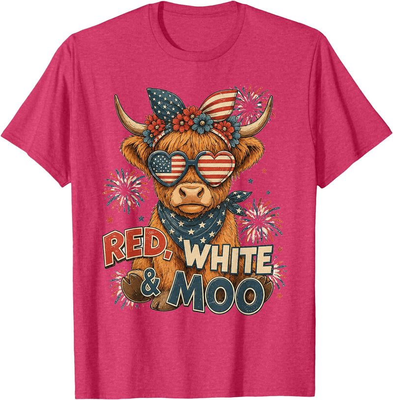 Red White and Moo Highland Cow 4th July 250 Years Patriotic T-Shirt - Red Heather