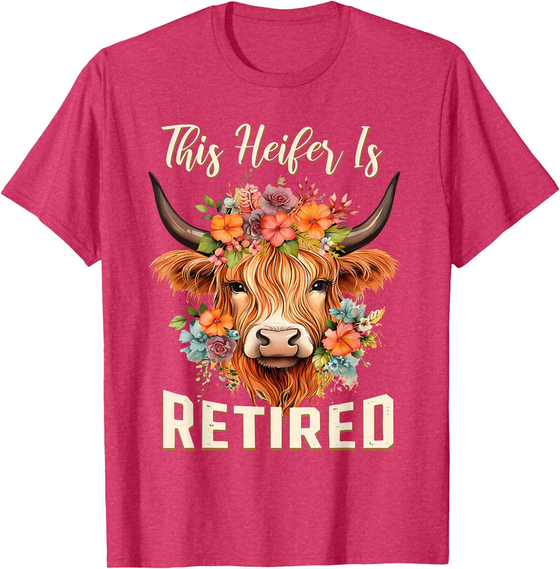 Officially Retired Tee Retirement Gifts for Women This Heifer is Retired Floral Highland Cow Funny Retirement T-Shirt - Red
