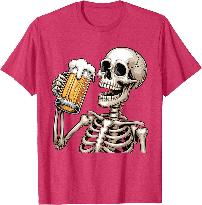 Halloween Skull Skeleton Drinking Beer Funny Kids Skeleton Drinking Beer Halloween Spooky Season Mens Womens T-Shirt - Red