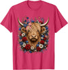Funny July 4th Highland Cow Farm Lovers Highland Cow Florals 4th of July USA Flag Patriotic Women T-Shirt - Red Heather