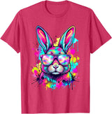 Happy Easter Bunny Face Tie Dye Bunny Rabbit with Glasses T-Shirt in Red Heather