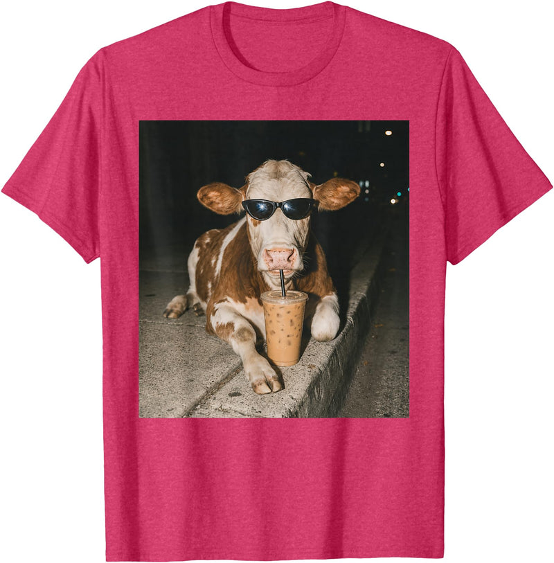 Funny Cow Drinking Iced Coffee Meme Cow Drinking Iced Coffee Funny Animal Meme Tee T-Shirt - Red Heather