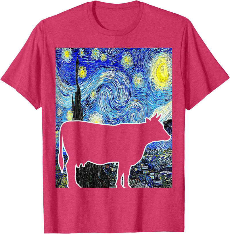 Funny Cow Van Gogh Famous Painting Cow Starry Night Van Gogh Funny Cow Farmer T-Shirt - Red Heather