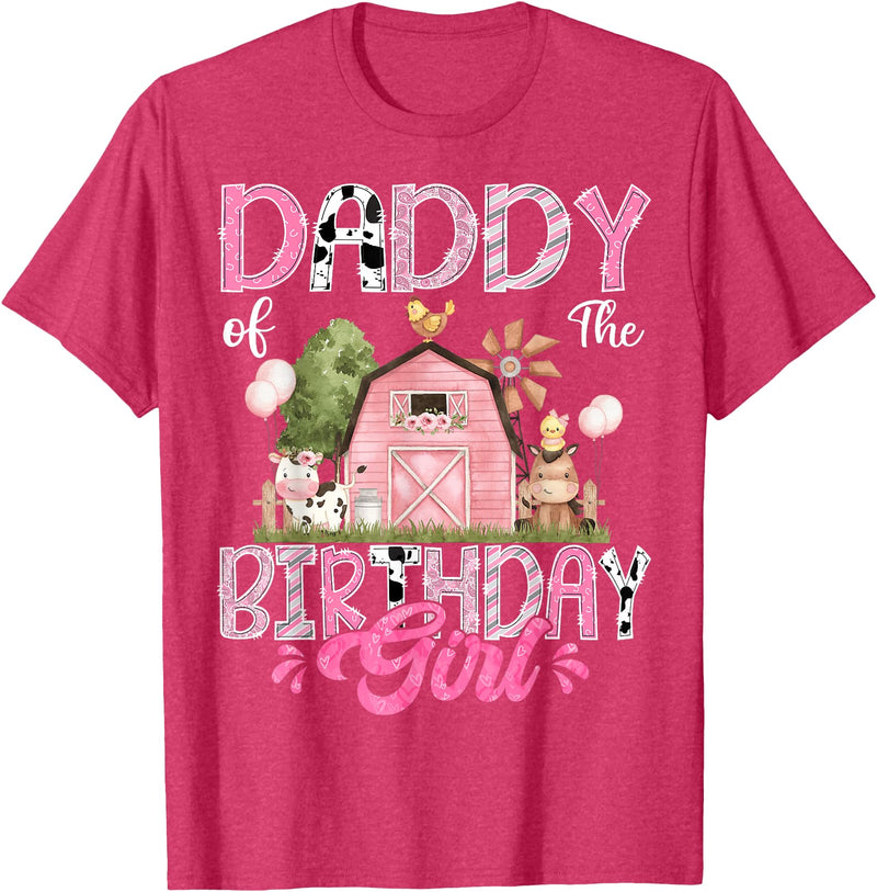 Famer Pink Cow Birthday Matching Tees Daddy Of The Birthday Girl 1St Birthday Pink Farm T-Shirt - Red Heather