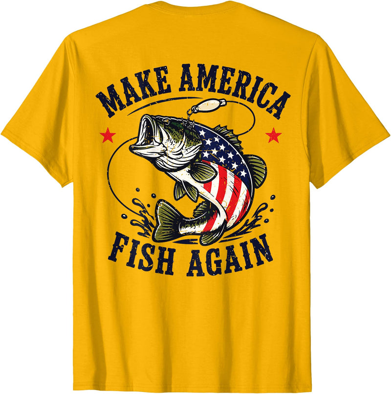 Make America Fish Again Largemouth Bass Patriotic Men Make America Fish Again 4th July Fish Patriotic USA Flag T-Shirt - Golden Yellow