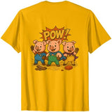 Three Hero Pigs Storytime Legends Bad Wolf in personalized costume 3 Pigs on the back T-Shirt - size chart