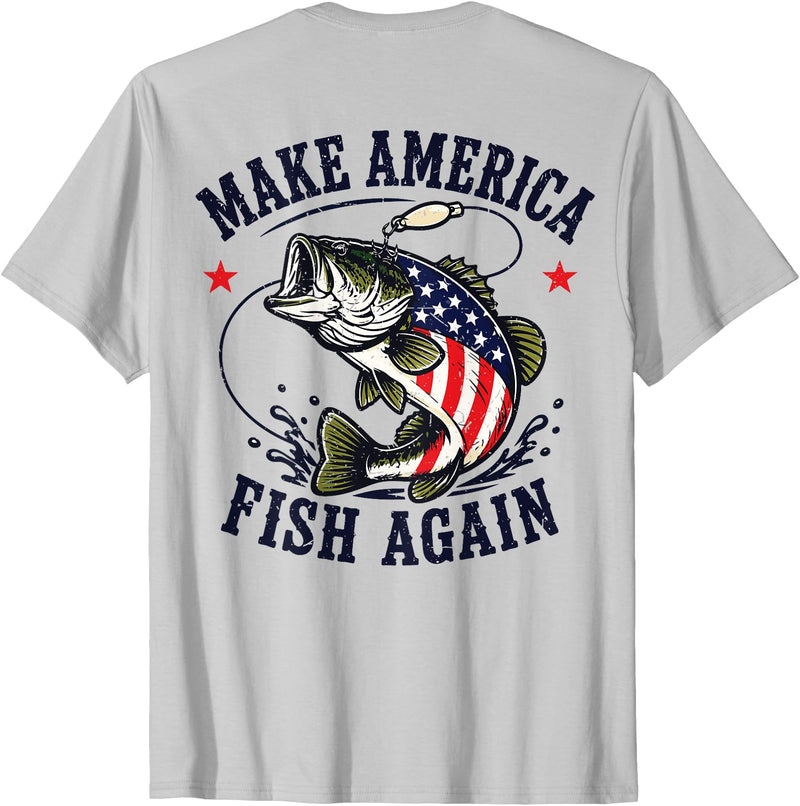 Make America Fish Again Largemouth Bass Patriotic Men Make America Fish Again 4th July Fish Patriotic USA Flag T-Shirt - Silver Grey