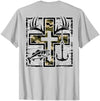 Camo Cross Fishing Faith Christian 2 Sided Hunting Fishing Cross Camo Faith Christian Fisherman Hunter T-Shirt - size chart