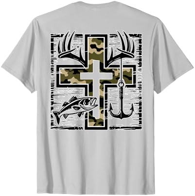 Camo Cross Fishing Faith Christian 2 Sided Hunting Fishing Cross Camo Faith Christian Fisherman Hunter T-Shirt - size chart