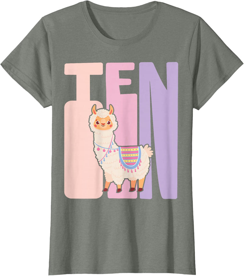Retro Llama Alpaca Themed Girls Birthday Designs 10th Birthday Girl Cute Llama Alpaca 10 Years Old T-Shirt - Olive Heather