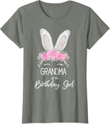 Grandma of the Birthday Girl"- Family Bunny Rabbit Birthday T-Shirt in Olive Heather