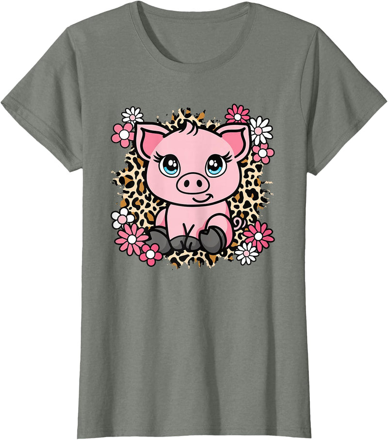 KATYLIN Cute Pig Flowers Pig Lover Women Girls Kids T-Shirt - Olive Heather