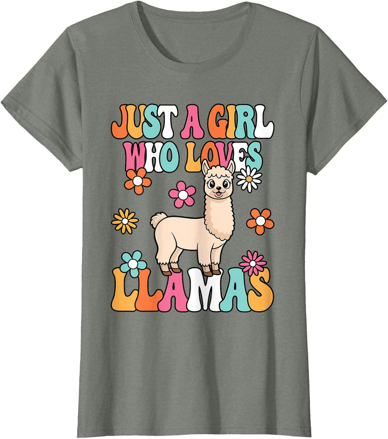 BALARI Just A Girl Who Loves Llamas Cute Groovy Alpaca Llama Kids T-Shirt - Olive Heather