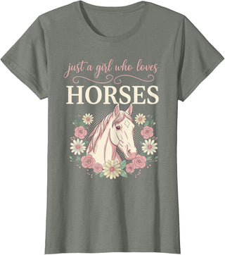 Horse Clothes for Girls Women Horse Riding for Girls Women Just a Girl Who Loves Horses T-Shirt - Olive Heather