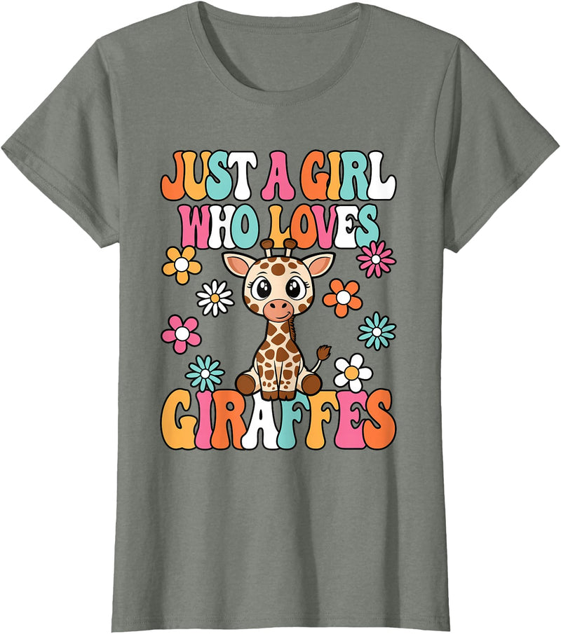 BALARI Just A Girl Who Loves Giraffes Cute Groovy Wild Animal Kids T-Shirt - Olive Heather