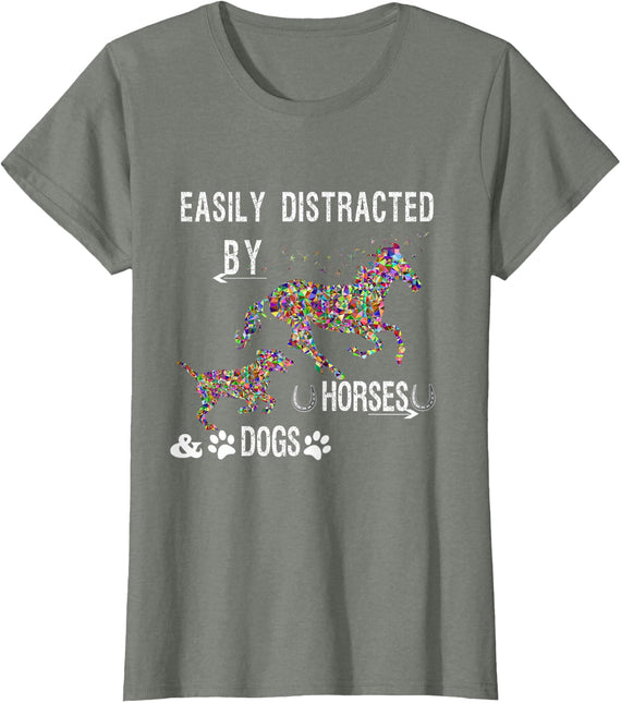 Easily Distracted By Dogs And Horses Shirts for Girls T-Shirt - Olive Heather