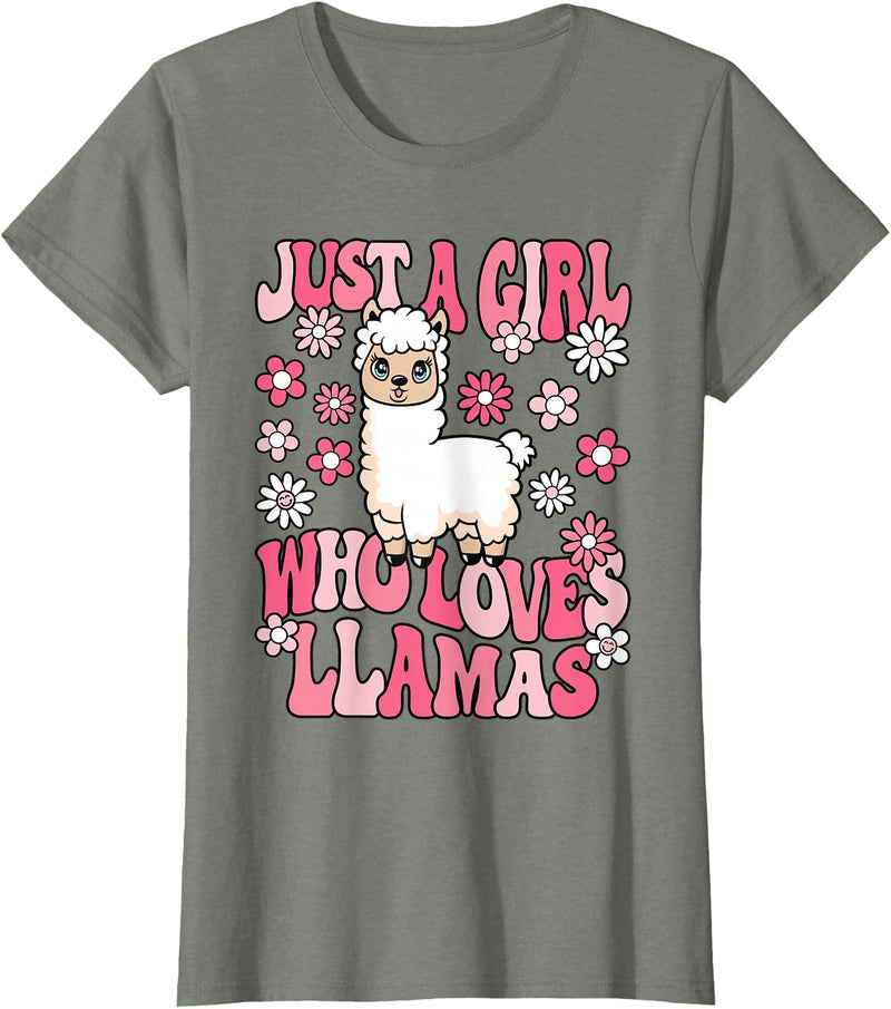 KATYLIN Just A Girl Who Loves Llamas Llama Lover Girls Kids T-Shirt - Olive Heather