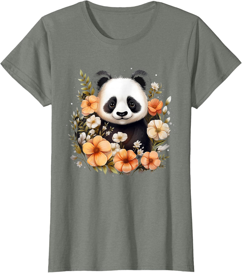 Floral Panda Bear Panda Bear Flowers Floral Girls Kids Funny Cute Panda Lover T-Shirt - Olive Heather