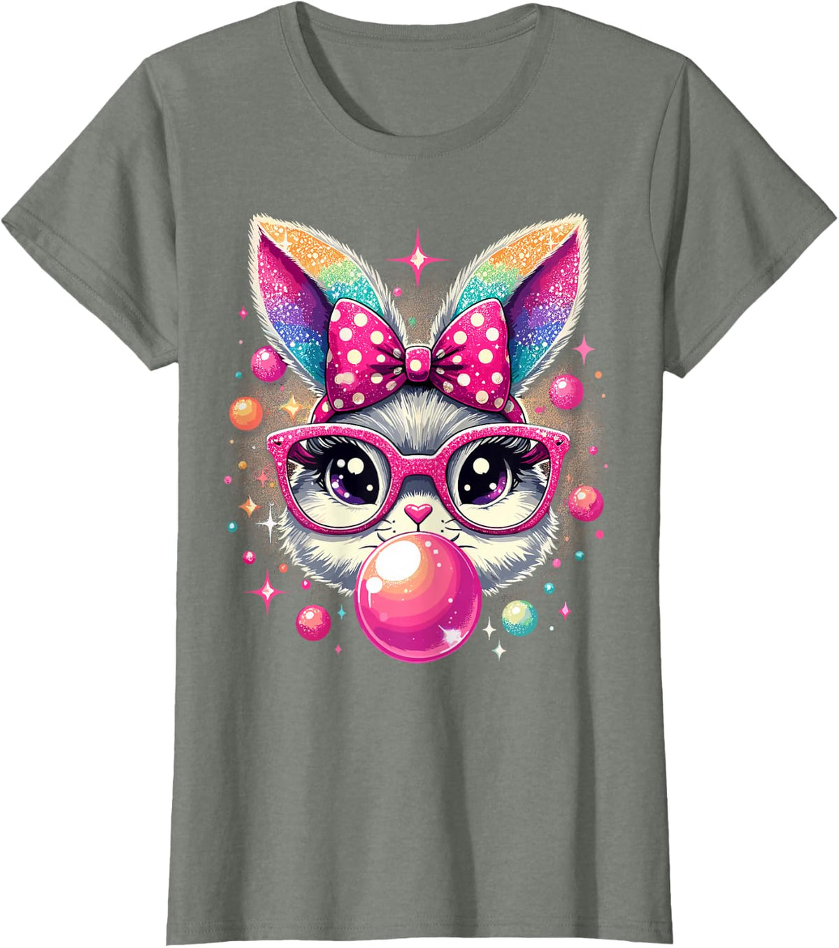Happy Easter Bunny Tie Dye Coquette Bow Rabbit Face Easter T-Shirt - Olive Heather
