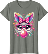 Happy Easter Bunny Tie Dye Coquette Bow Rabbit Face Easter T-Shirt - Olive Heather