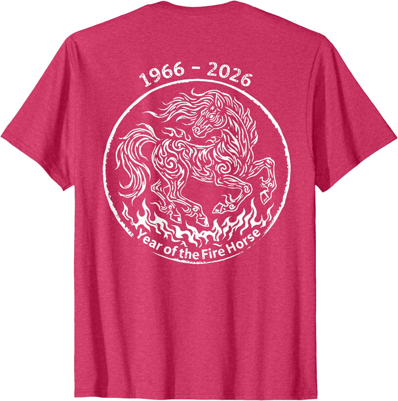 Year Of The Fire Horse 1966 2026 (On Back) 1966 2026 Year of The Fire Horse Chinese Zodiac T-Shirt - Red Heather