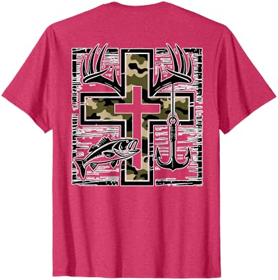 Camo Cross Fishing Faith Christian 2 Sided Hunting Fishing Cross Camo Faith Christian Fisherman Hunter T-Shirt - size chart
