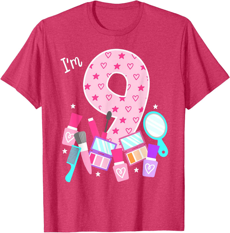 Birthday Girl Spa Squad Outfit Gifts Shop Spa Birthday Party I'm 9 Girls Makeup 9th Bday Kids Toddlers T-Shirt - Red Heather