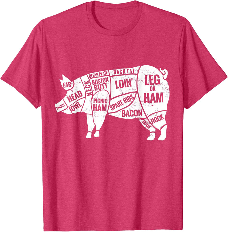 Pig Diagram T-Shirt | Butcher T-Shirts Pig and Pork Diagram Shirt, Butcher Shirt, Bacon Tee T-Shirt - Red Heather