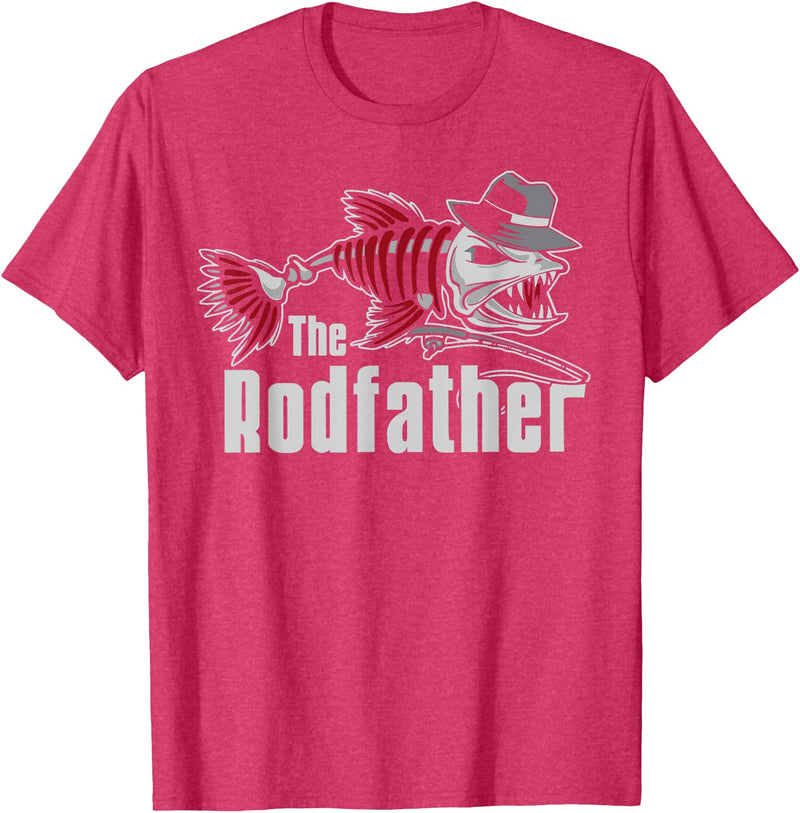 Funny Fishing The Rodfather Tee Shirt - Unisex Adults - Black - Small - Short Sleeve - Classic Fit - Modern Classic - Fishing T-Shirt - Red Heather