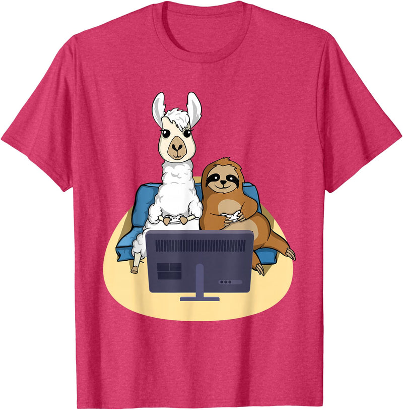Funny Llama Shirts Sloth And Llama Gamer - Zookeeper Zoo Animal Lovers T-Shirt - Red Heather