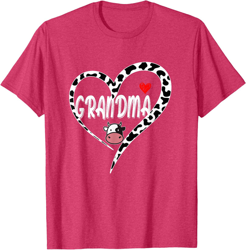 Black White Family Cow Farm Grandma Cow Print Cow Heart Pattern Farmer Cows Mother's Day T-Shirt - Red Heather
