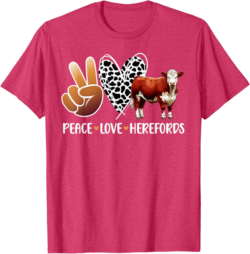 Cute Hereford Cattle Hereford Cow Boy Peace Love Hereford Cow Lover Hereford Cow Girl T-Shirt - Red Heather