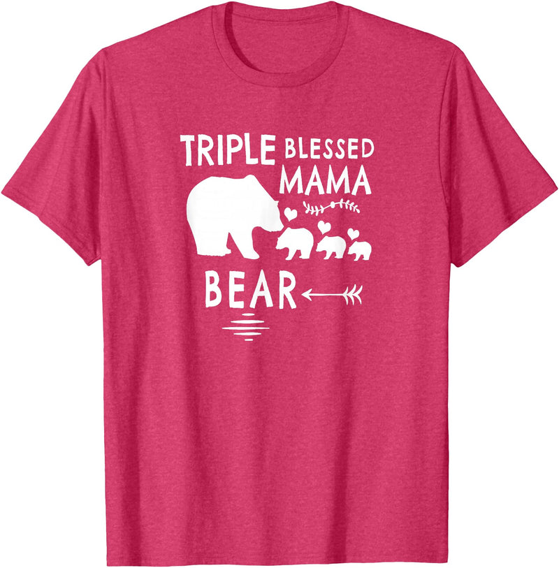 The Mothers Day Shirt Co. Triple Blessed Mama Bear Shirt For Moms With Three Kids T-Shirt - Red Heather
