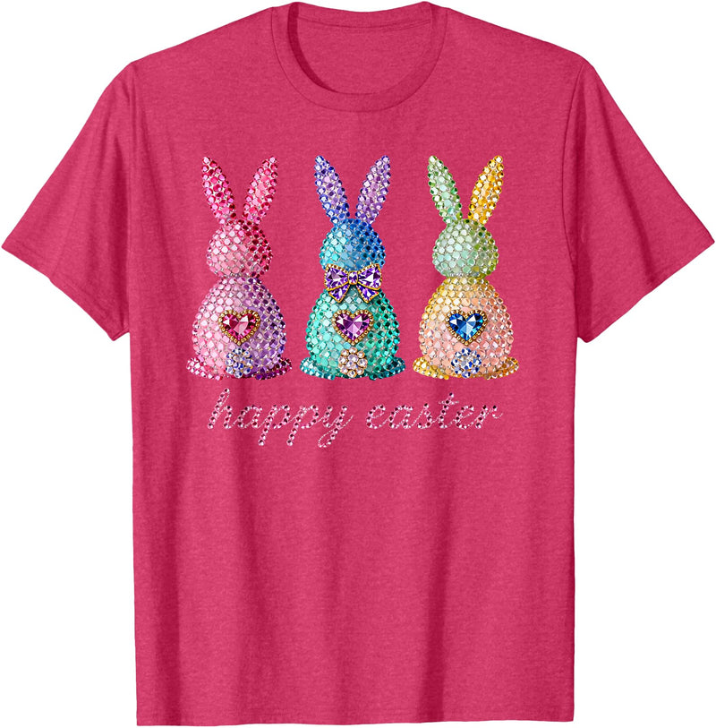 Funny Three Bunnies Rabbit Eggs Happy Easter Trendy Sparkly T-Shirt in Red Heather