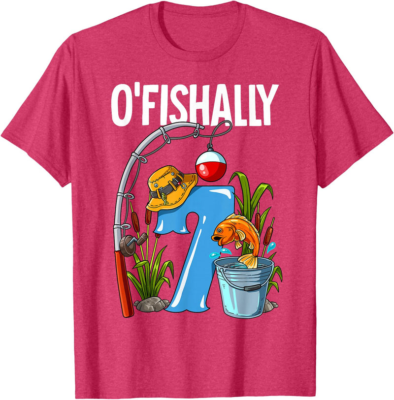 Fishing Theme Birthday Gifts O'fishally 7 Years Old 7th Birthday Fishing T-Shirt - Red Heather