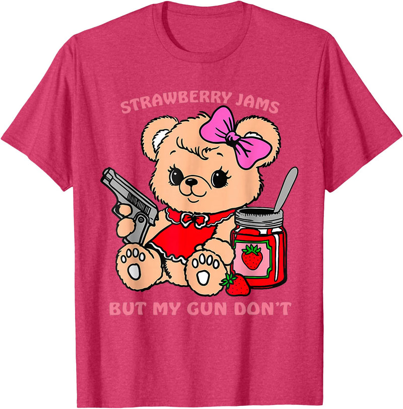 Strawberry Jams But My Gun Don't Funny Teddy Bear T-Shirt - Red Heather