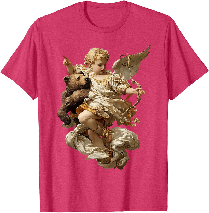 Vintage Angel Aesthetic Classical Art Cute Cherub Angel with Bear Baroque Renaissance Aesthetic T-Shirt - Red Heather