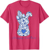 Happy Easter Chinoiserie Floral Bunny Cute Blue Bow Coquette T-Shirt in Red Heather
