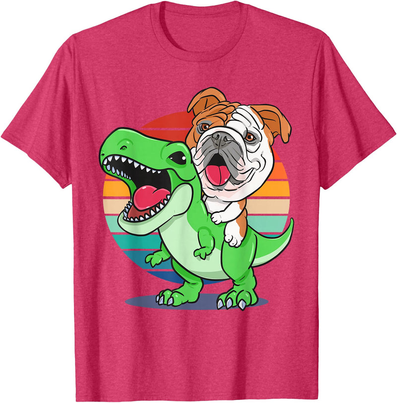 English Bulldog Funny Dinosaur Kids Mom Gift Tees Funny English Bulldog Riding Cute T-Rex Dinosaur Dog Mom T-Shirt - Red