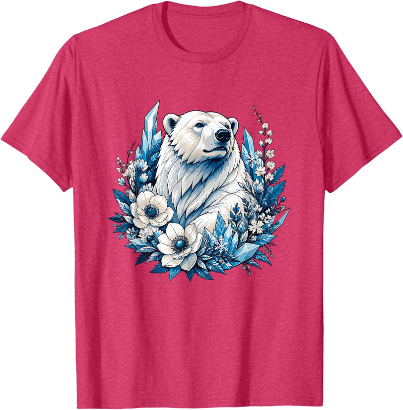 Arctic Polar Bear Floral Crystal Nature Winter Wildlife Polar Bear with Ice Flowers T-Shirt - Red Heather
