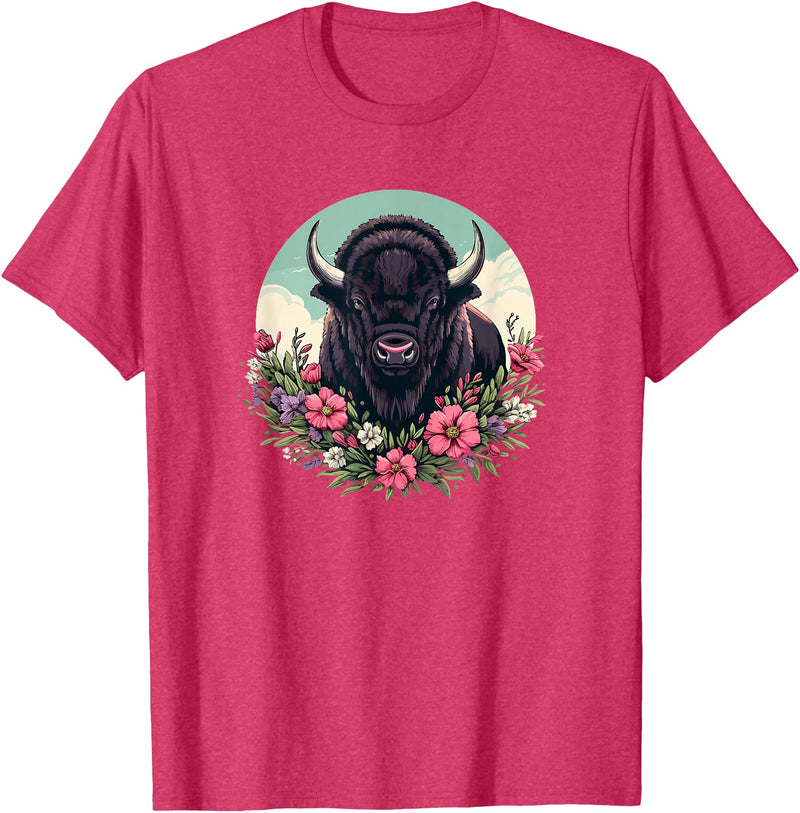 Wild Plains Buffalo Bison Gifts T Shirts & Hoodies Womens Girls Old West Retro Vintage Floral Buffalo Lover T-Shirt - Red