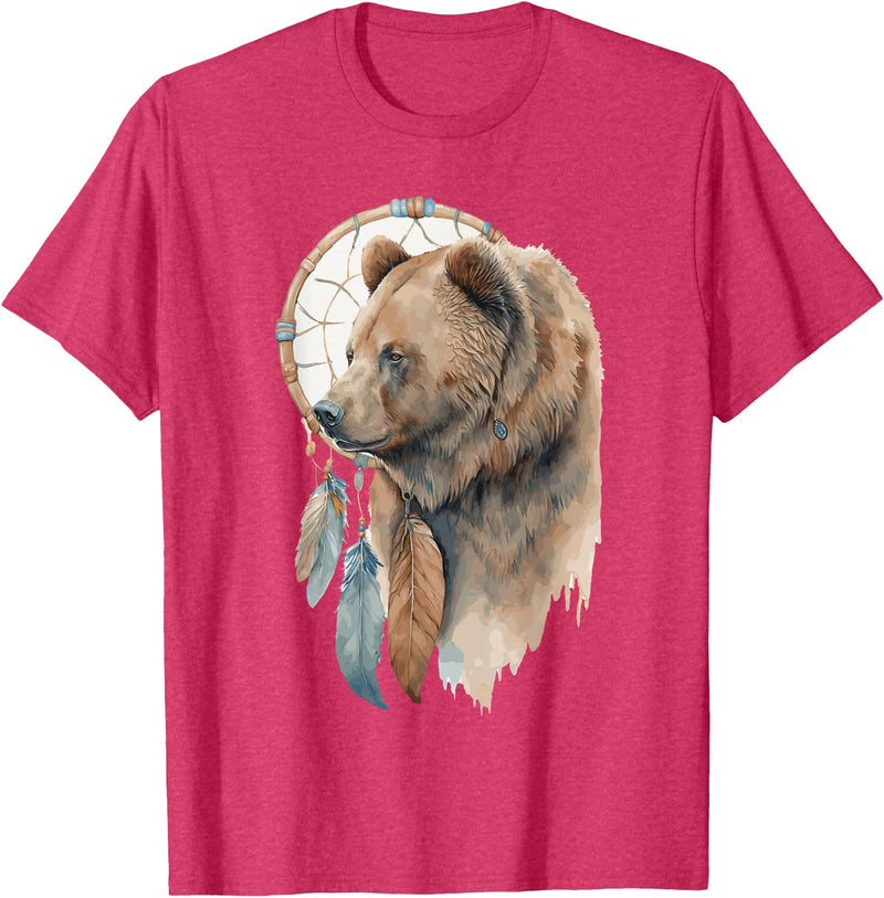 More Tribal Native American Totem Animal Art Bear Tribal Watercolor Bear Dream Catcher T-Shirt - Red Heather